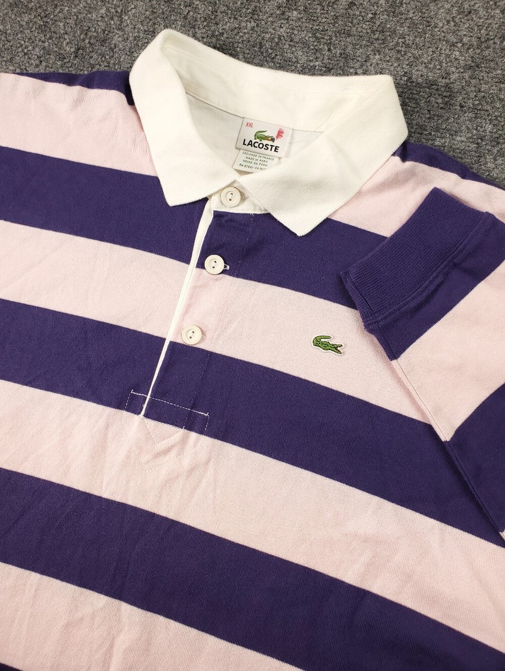 Lacoste Rugby Polo Shirt 2XL Long Sleeve Striped Purple Pink Contrast Collar - Picture 11 of 11